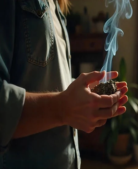 Person burning sage indoors for energetic house cleansing with rising smoke and natural light