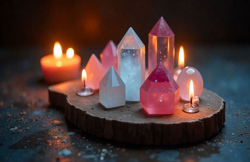 Crystals and candles used in my Chakra Alignment Essentials Course