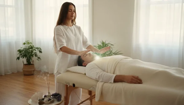 Hands channeling gentle healing energy during a Reiki session, symbolising balance, relaxation, and emotional wellbeing.