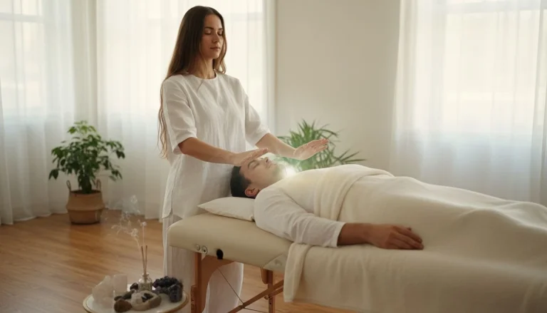 Hands channeling gentle healing energy during a Reiki session, symbolising balance, relaxation, and emotional wellbeing.