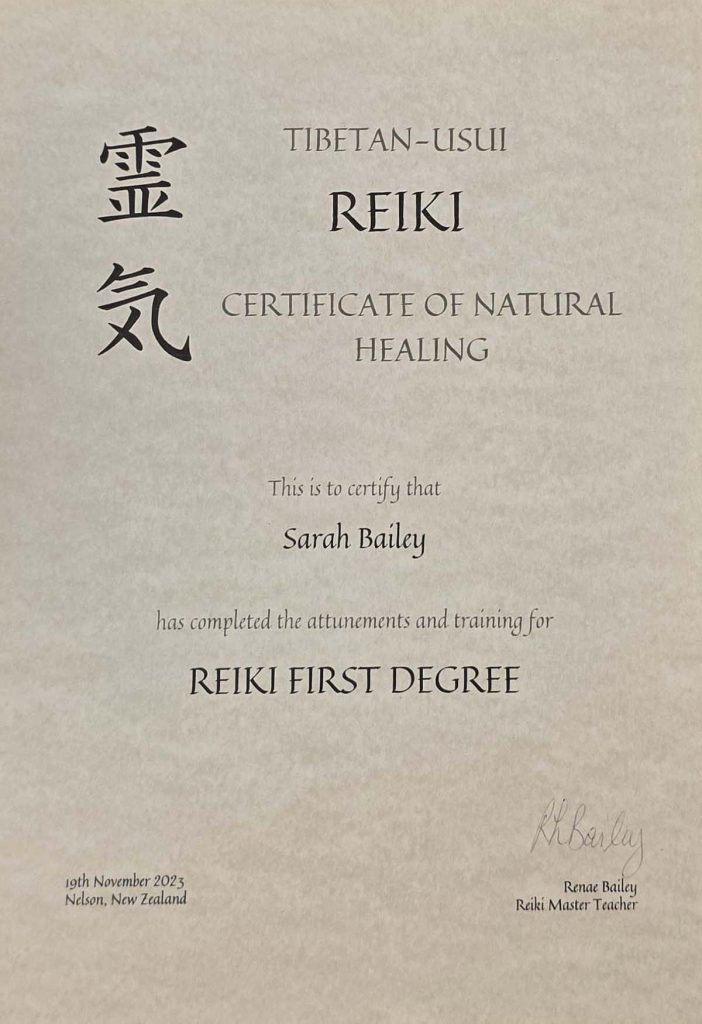 Reiki Certificate of Natural Healing First Degree