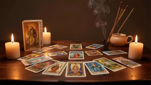 Learn to read tarot - studio setup with tarot cards, candles, incense laid out on a table